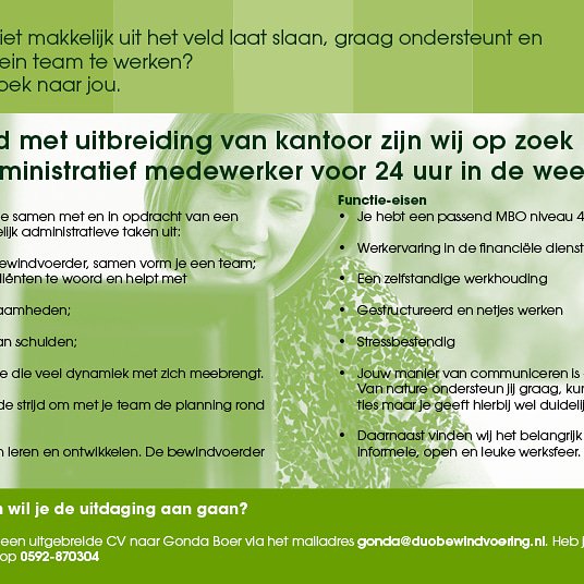 Onlangs hebben wij onze vacature voor Administratief Medewerker, maar zijn we vergeten te vermelden tot wanneer je kunt reageren. Dit kan tot en met 10 mei a.s.. Heb je interesse.......Ik zie je sollicitatie graag tegemoet.