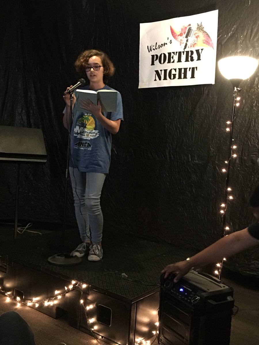 WilsonMSLibrary's tweet image. Honoring and amplifying student voice at Wilson’s Poetry Night.  Thanks to poets Wally B., Dennis Amadeus and Liz Prisley for working with our Poetry Club members throughout the year on their journey to this event. #hubofschool #StudentVoice