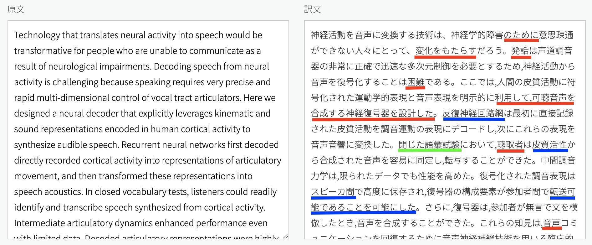 Shion Honda A Twitter みらい翻訳が話題だったので 読んでいる論文のアブストラクトを入れてgoogle翻訳と比較してみました 1枚目がみらい翻訳 2枚目がgoogle翻訳 訳文に差があるところのうち 良い方を赤 悪い方を青でラベリングしています T Co