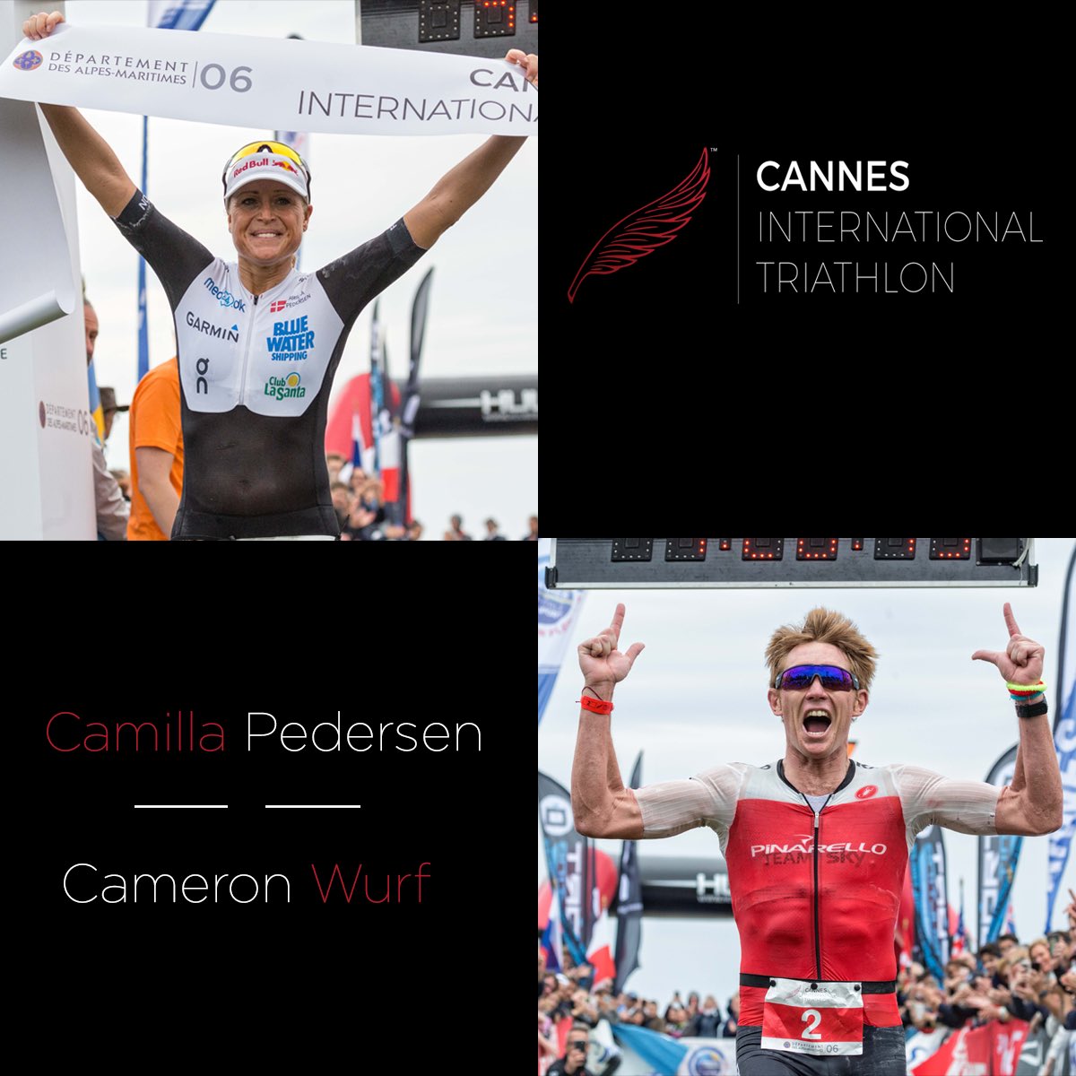 Nous sommes fière d’ajouter les noms de Camilla Pedersen et Cameron Wurf à la liste des grands gagnants du Cannes International Triathlon 🙌🥇 #CIT2019 Proud to add the names of @allimactri and @cameronwurf to the list of winners of Cannes International Triathlon. 🙌🥇