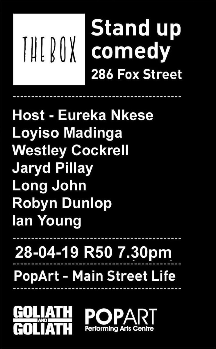 POPArtJHB's tweet photo. This Sunday, it’s our last ever #theBoxComedy at POPArt.
Make sure you pop in for a laugh with this awesome line up.
It won’t be the last laugh, as Sunday nights will still bring you awesome comedy formats... https://t.co/XeXy3erFDR