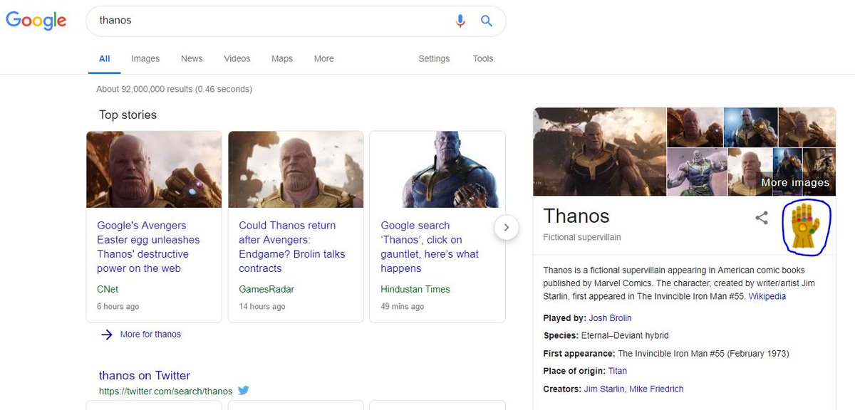 hackervind's tweet image. That was really surprising! Search for just &quot;Thanos&quot; on google and click on that gauntlet appearing near the name and see the google&apos;s magic of clearing all spoiler news with a beautiful finger snap and disappearing animation !😃😃
#Thanos #Google