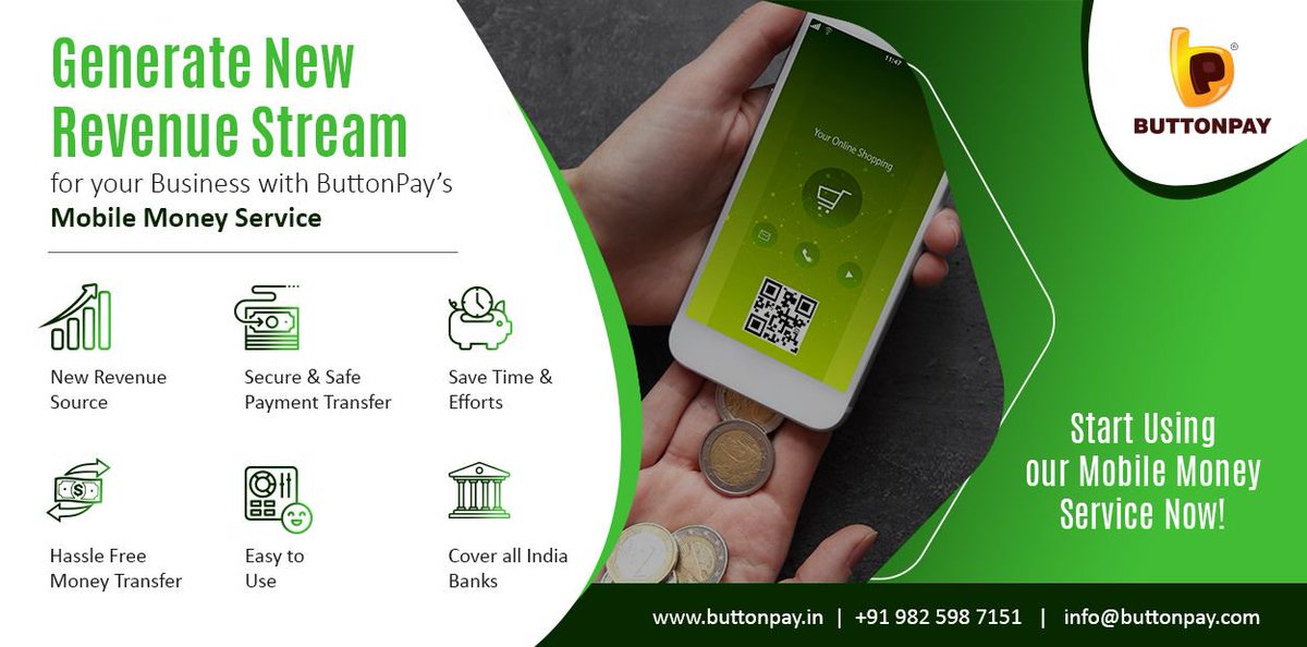 #DidYouKnow with ButtonPay's #mobilemoney service, you can get additional revenue source for your business. Call us on - +91-9825987151. #RevenueGeneration #Fintech