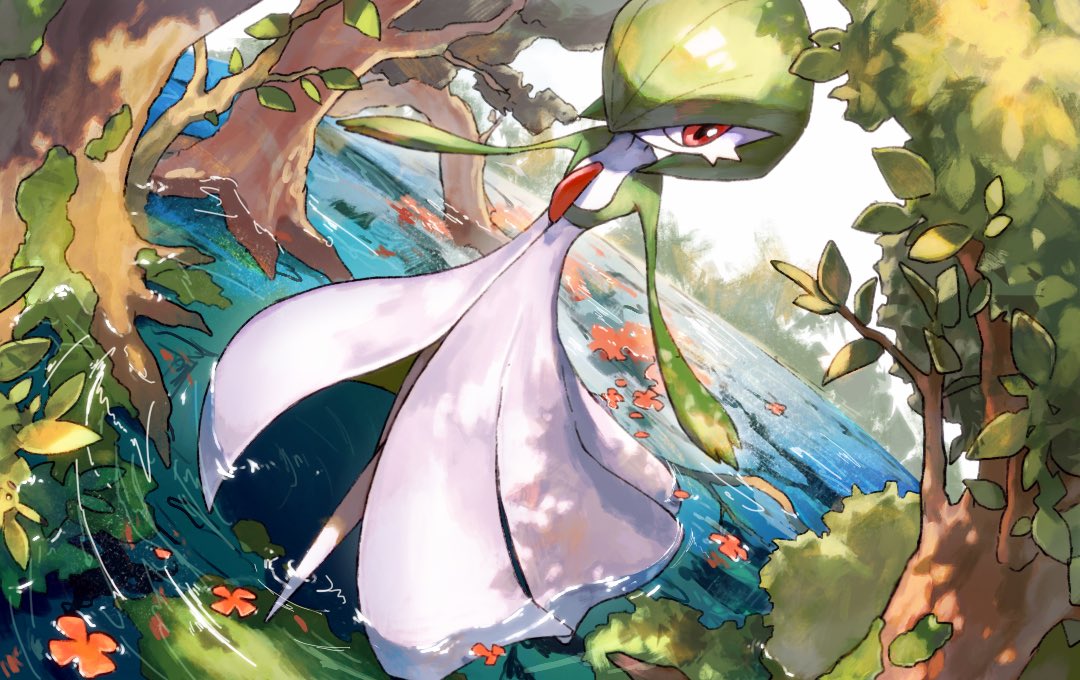 gardevoir pokemon (creature) solo outdoors red eyes water day tree  illustration images