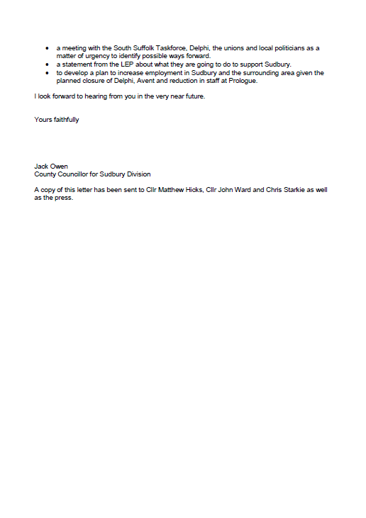 Cllr Jack Owen, <a href="/suffolklabour/">Suffolk Labour Group</a> Councillor for #Sudbury, has written to James Cartlidge MP after growing concerned at the lack of information regarding the future of Delphi.

100s of jobs are on the line - we need a plan and we need it fast.

📄 You can read Jack's letter here ⬇️