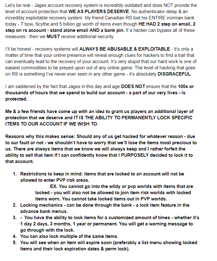 RiceCupRS's tweet image. PLEASE RETWEET AND SHARE THIS SUGGESTION - WE NEED THIS - WE DESERVE THIS. WE PAY TO PLAY. WE SHOULDN’T BE TAKEN FOR GRANTED. JAGEX OWES US TO AT LEAST DO THIS.
Any questions &amp;amp; concern - read this post carefully than tweet below. Thank you guys for reading this.