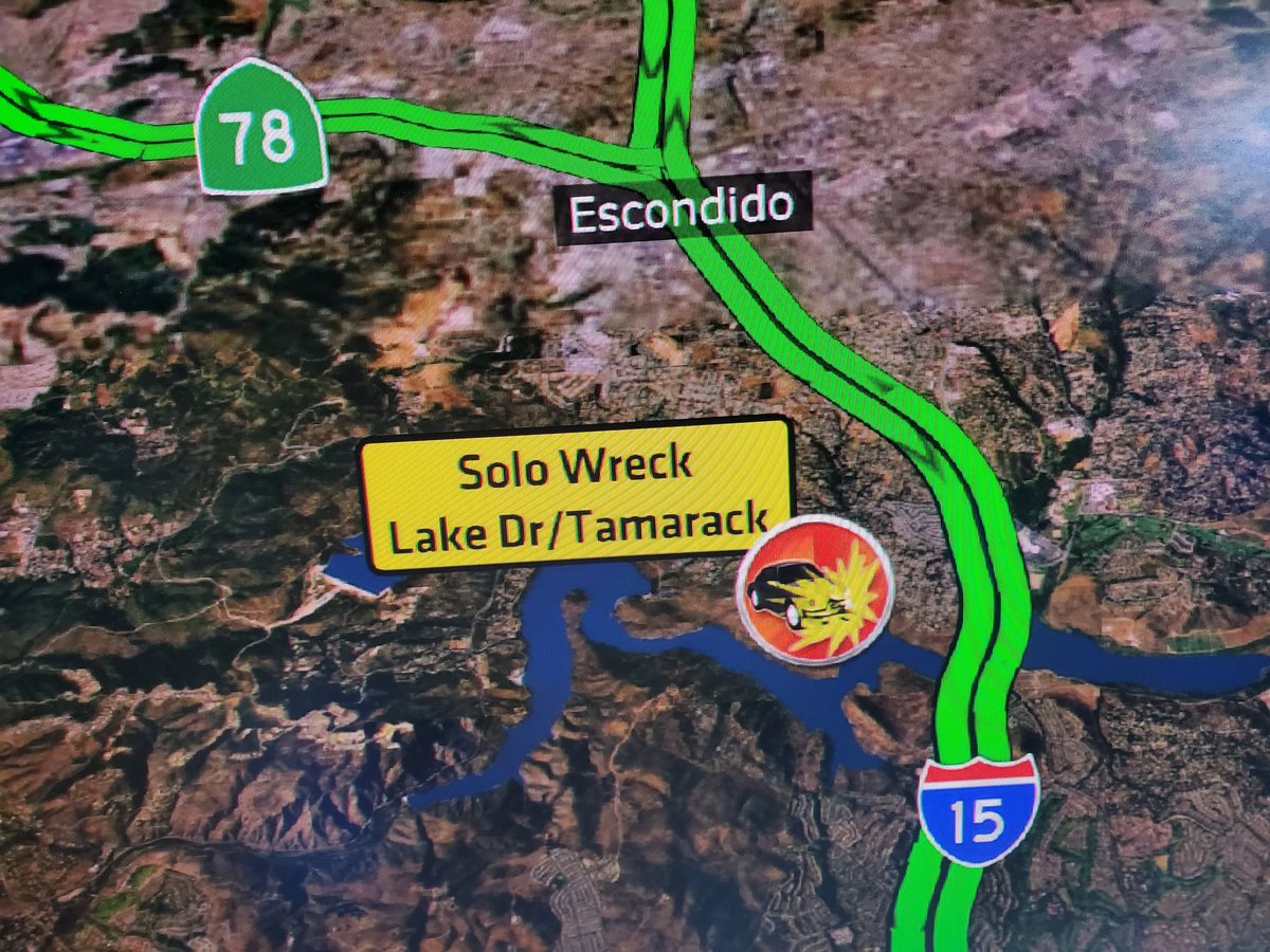 Waking up to a solo accident, north county. 1st Alert Traffic has a car into the bushes very close to Lake Hodges.