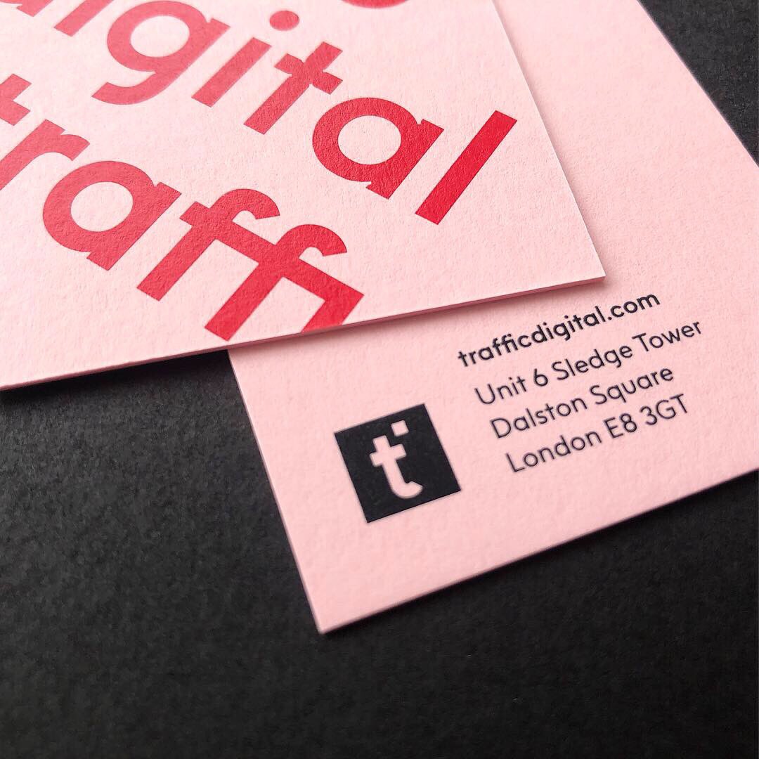 dot_studio_'s tweet photo. Screen printed business cards for @trafficdigital on 540gsm Candy Pink @colorplanpapers 👉 Side A: Pantone 192, Side B: Pantone Black 6. Design by @trafficdigital 👌 #screenprinting #businesscards #colorplanpaper #candypink #pantone #printdesign #screenprint #dotstudio https://t.co/Vr3NAPpqAt