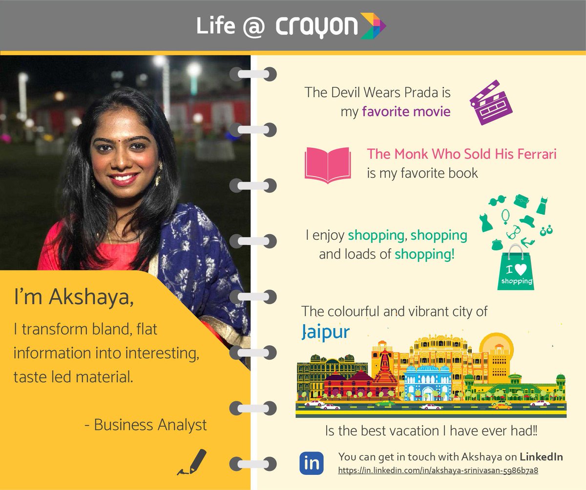 CrayonBigData's tweet photo. #Crayon's Akshaya Srinivasan loves to shop! What else makes her day? Find out in this month's #LifeAtCrayon.  
https://t.co/w7kgPd2HHa
#WomenAtCrayon #WonderWomen #BusinessAnalyst #Data #Shopping #People #Gettoknowus #TeamCrayon https://t.co/TvNNQ5gnxF
