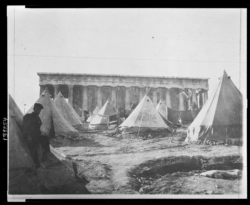 Another image found by one of my students (though I'd seen this one before myself): 'Tent village in the shadows of the Temple of Theseus, Athens, where Greek refugees make thier [sic] homes', 1922.