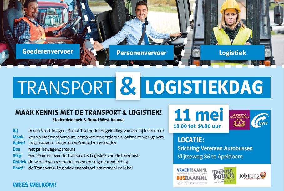 UWVSteden4kant's tweet photo. Op 11 mei vindt de regionale Transport &amp; Logistiekdag plaats in Apeldoorn. Bent u benieuwd naar een carrière in de T&amp;L? Maak dan kennis met de mogelijkheden! In samenwerking met @JobTrans @vrachtbaannl en @LogisticForce Wees welkom! https://t.co/XuV1B38cHV