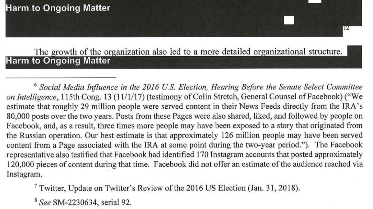 2. Facebook estimates 29 million people served IRA propaganda as “news” in their feeds from the Russian military operation’s 80,000 posts. Despite 120,000 Instagram posts by the IRA, Facebook did not offer its estimated reach. Perspective: This went on for two years.