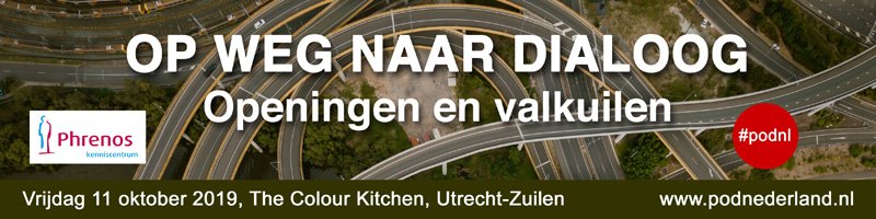Op weg naar Dialoog - openingen en valkuilen.
Op 11 oktober 2019 bieden wij u dit tweede symposium aan over peer-supported #opendialogue (POD). De inschrijving voor het symposium opent medio mei. #podnl @PhrenosKC podnederland.nl