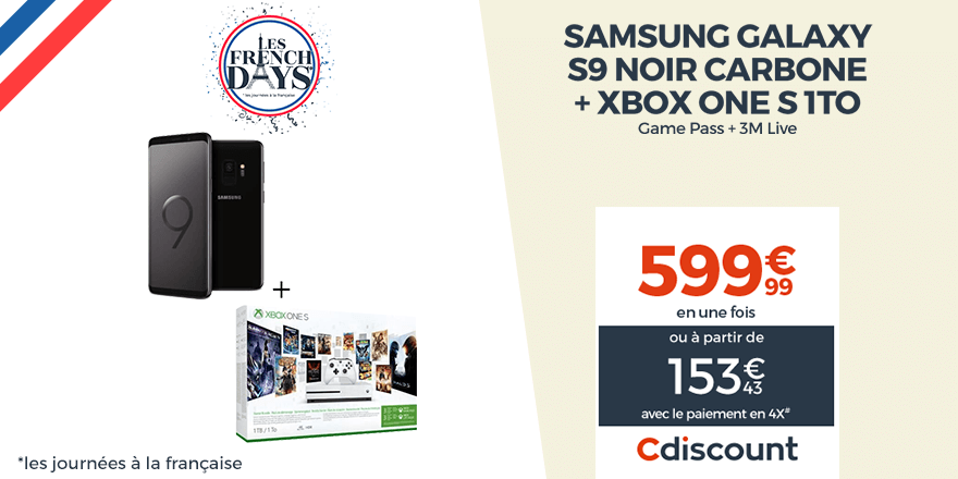 Cdiscount's tweet photo. 🇫🇷 #FrenchDaysCdiscount 

Samsung Galaxy S9 Noir Carbone + Xbox One S 1To Game Pass + 3M Live à 599,99€ ➡️ https://t.co/i1JpDtunuG

#BonPlan #FrenchDays https://t.co/vsZRsp4UiP