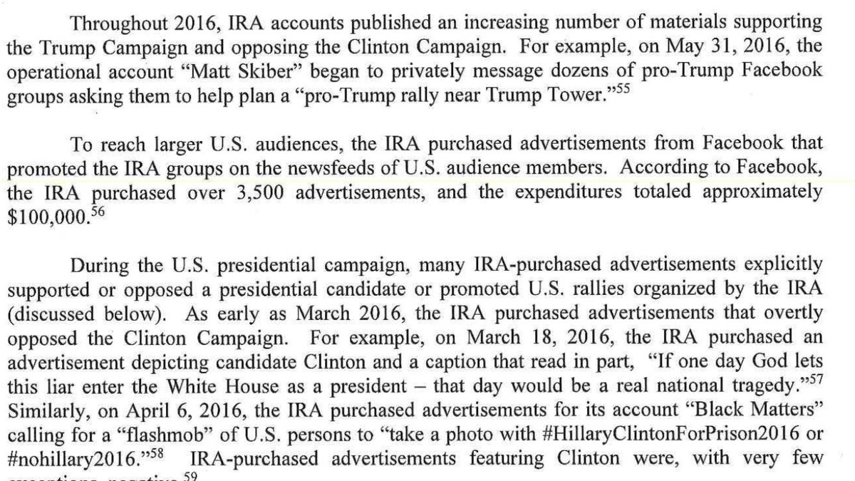 4. Russian military creates fake Facebook accounts that reach out to real Americans to plan pro-Trump rallies. Russia uses God imagery to bash Hillary and devout American Christians begin bashing her.Perspective: The cost of this f*ckery is cheap: 3,500 ads for about $100k.