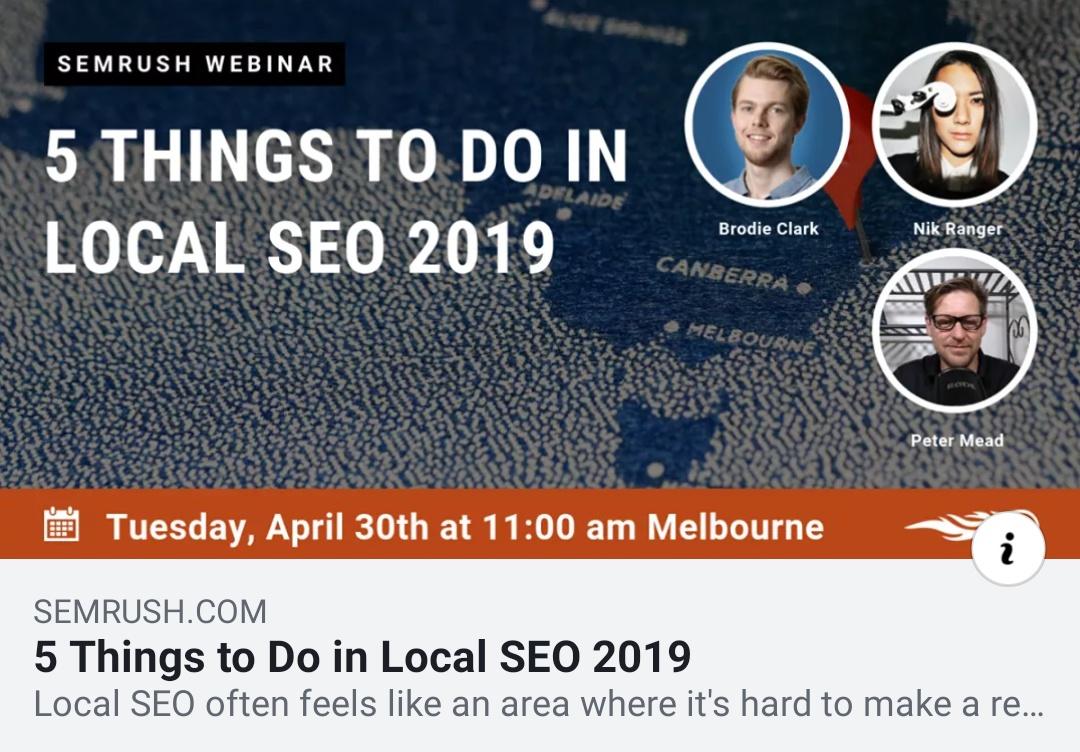 Webfirm's tweet image. This April 30th at 11am the legendary Brodie Clark will share his secrets on local SEO.

Hosted by Peter Mead and our SEO Specialist Nik Ranger, in celebration of the launch of SEMrush's Listing Management tool made exclusive for America &amp;amp; Australia 👉 bit.ly/2L4s2uU