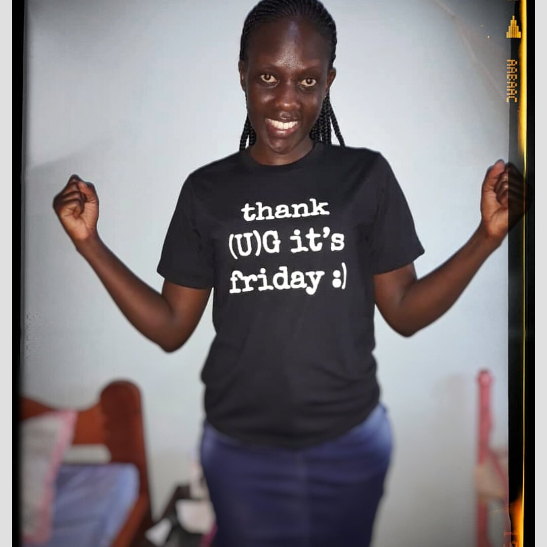 JustUganda's tweet photo. It's Friday. Yay! Time to go make stories for Monday.

 Be very Ugandan like @fifiokeng 

 Tip: aka 🇺🇬 @UG_Flavours @UgandaWaragi  is a great place to start

📷: @fifiokeng 

#tshirt #culture #ugandan #justUG #heritage #tgif #veryUgandan https://t.co/wr6uGGMXhr