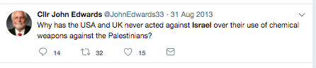 Lab Cllr John Edwards propagates categorically false conspiracy theories alleging that Israel uses chemical weapons against Palestinians.