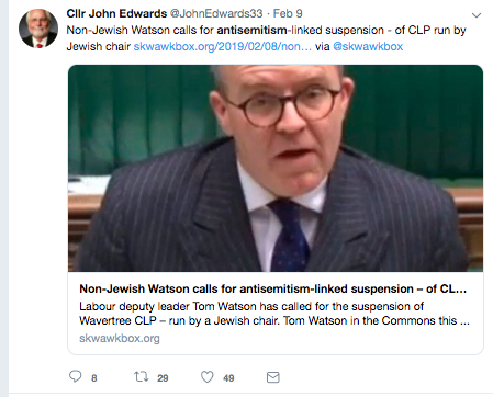 And this was John's response to calls to suspend Wavertree CLP - whose CLP Chair promotes Rothschild conspiracy theories.