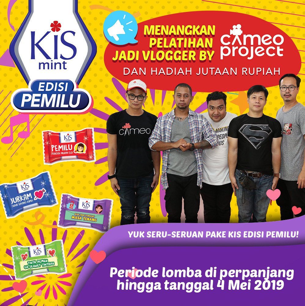 Ada pengumuman seru dan baru nih...., lomba seru-seruan bersama KIS Pemilu diperpanjang hingga  4 Mei 2019 ya Gengs....
 Upload videomu dan Jangan lupa tag ke @PermenKisMint dengan hashtag #Seru2anKisPemilu ditunggu ya... 

#CameoProject #Seru2anKisPemilu  #permenkismint