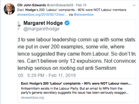 Cllr John Edwards has eager to promote fake news about the antisemitic abuse suffered by Jewish Labour MP  @margarethodge