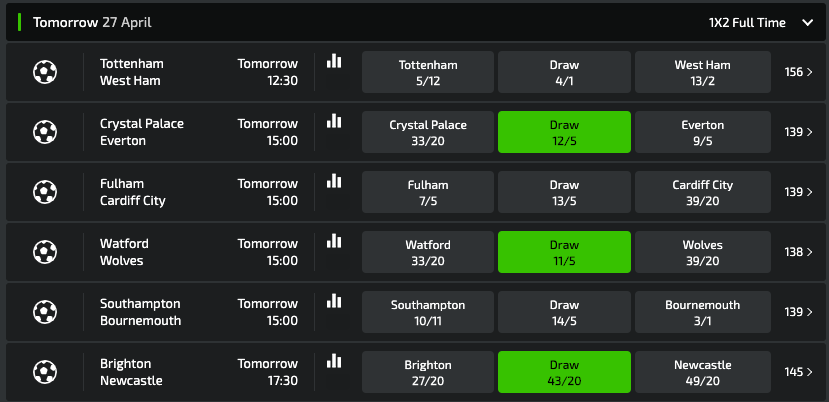 Three draws in the Premier League on Saturday? 

A tenner on these three to end all square returns £352.98 

📲 bit.ly/2MPkGLx