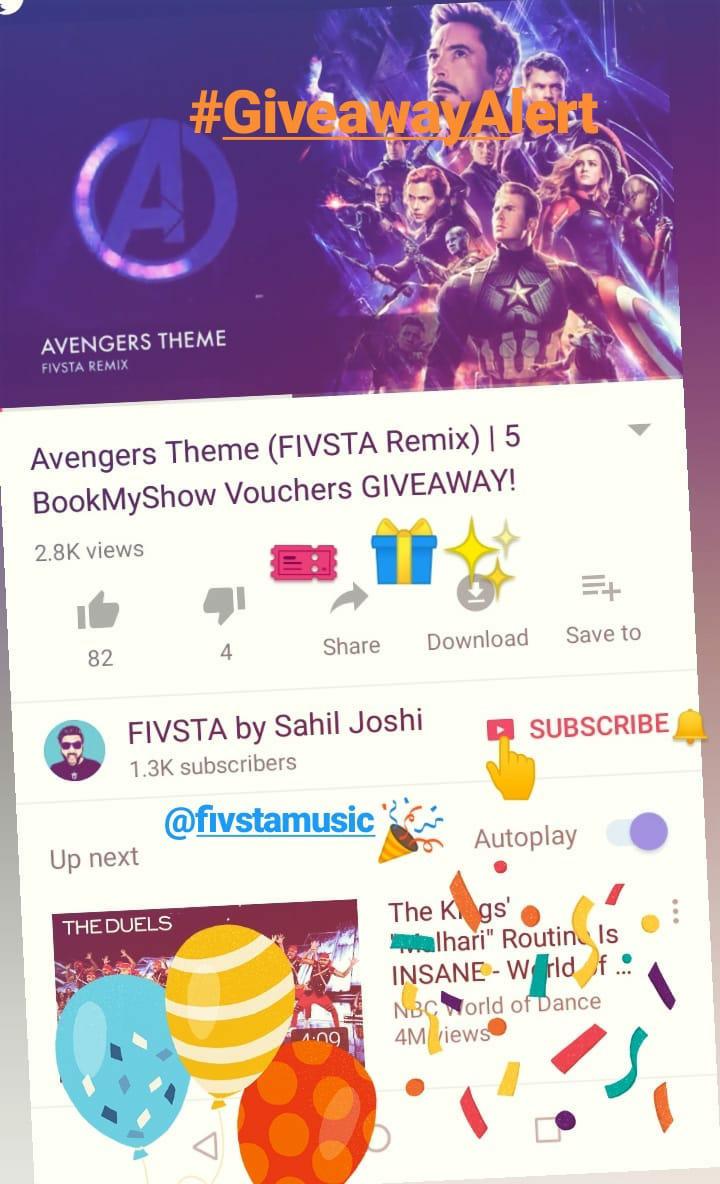 📣 5 BMS Vouchers worth ₹500 /- each up for grabs. 🎟️🎁🎉🎈

👉Do Subscribe <a href="/fivstamusic/">FIVSTA</a> Youtube Channel.
youtu.be/-ALk9thXG10  

🔄RT this tweet &amp; share.
#ContestAlert #Contest
#ContestHandle 👍

#AvengersEndgame #remix #giveaway #Movietickets #Thanos