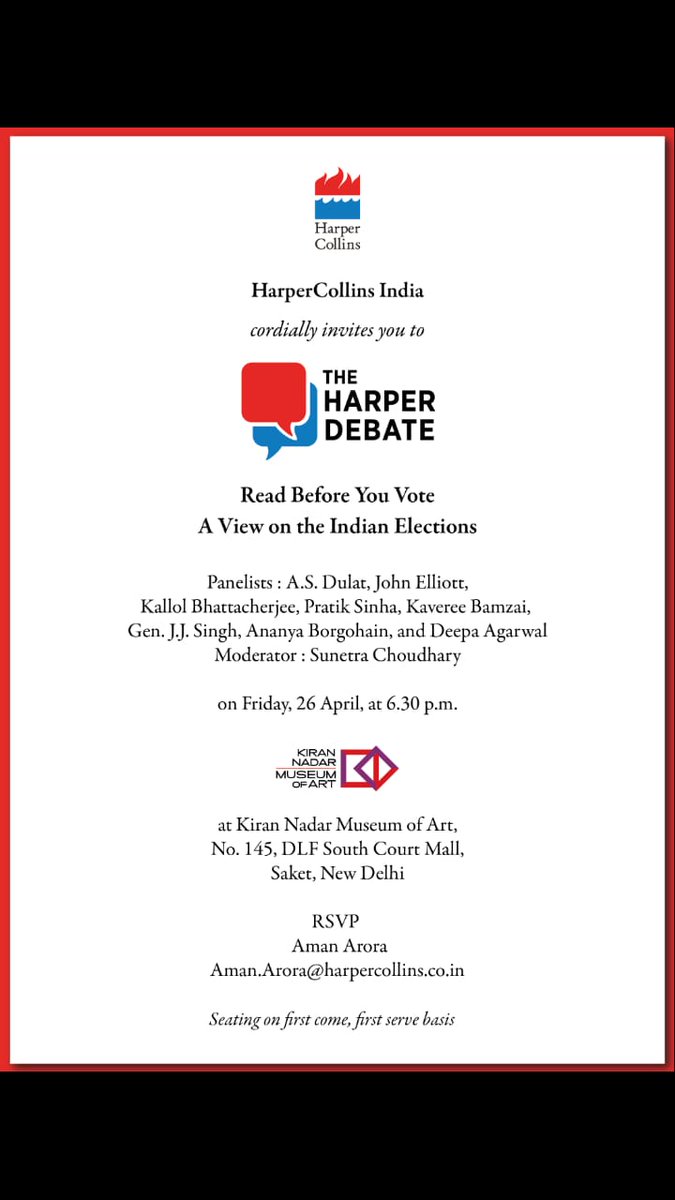 Please come for #TheHarperDebate today in Saket. Panelists will discuss Lok Sabha election 2019 and why it is important to #ReadBeforeYouVote.