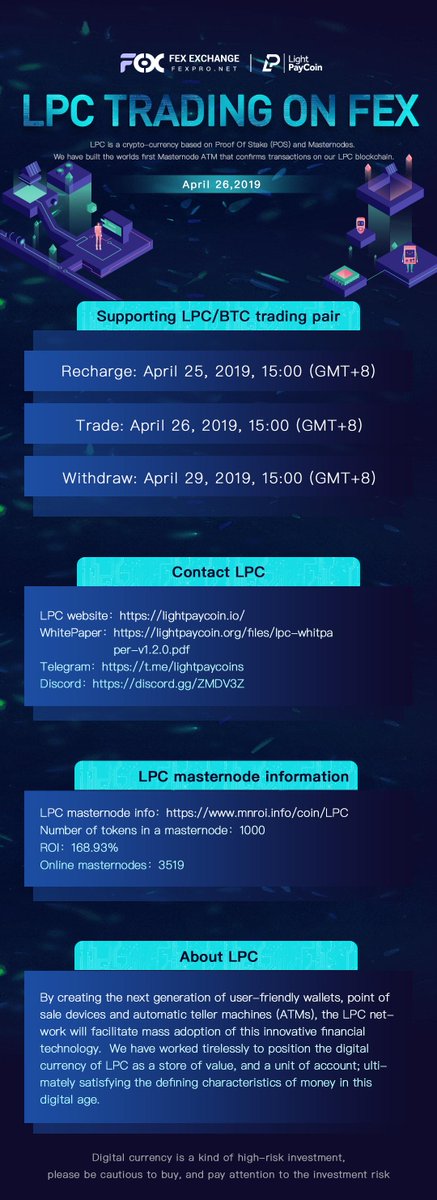 FEXHK's tweet photo. LPC starts trading on https://t.co/De4pQKjEAv exchange on April 26,2019 !
LPC is a new cryptocurrency project based on Masternode and POS and it is using NFC Contactless payment technology.
@LightPayCoin #listing #Cryptocurrency #pos #masternodes https://t.co/Vh6Rn2GWGw