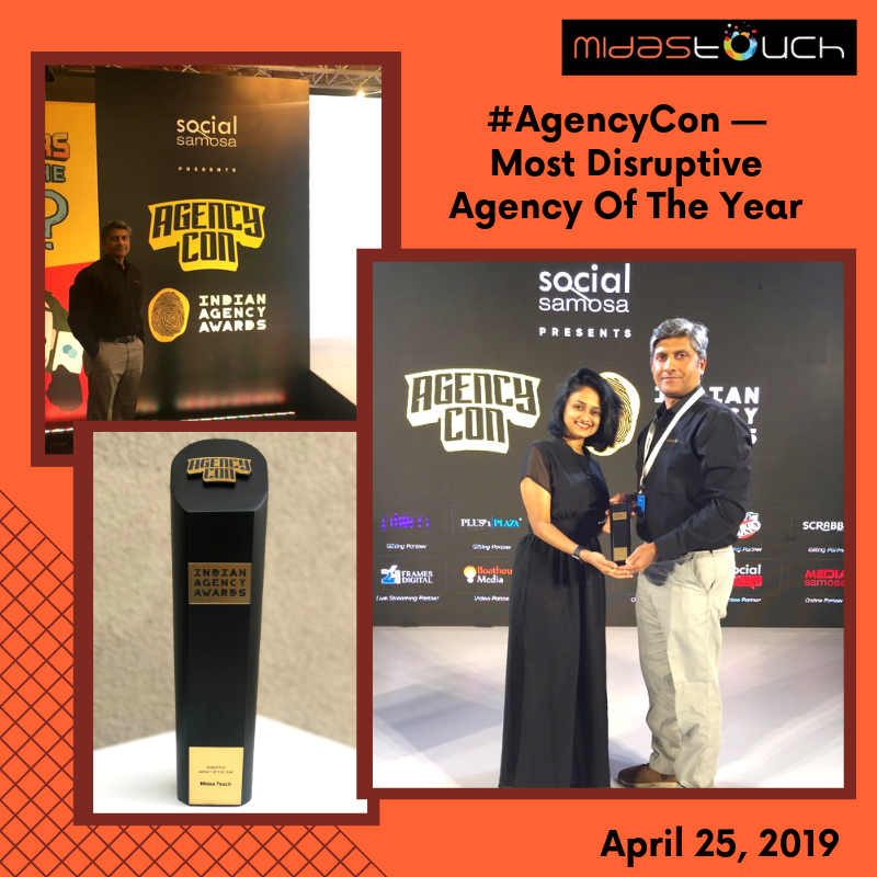 And here we are, with the Gold for the most 'Disruptive Agency' of the year! A big thank you to all of you for your good wishes and continuing support! Another milestone achieved and many more to come!!

#SocialSamosa #MidasTouch #AgencyCon #AgencyOfTheYear #B2BMarketing