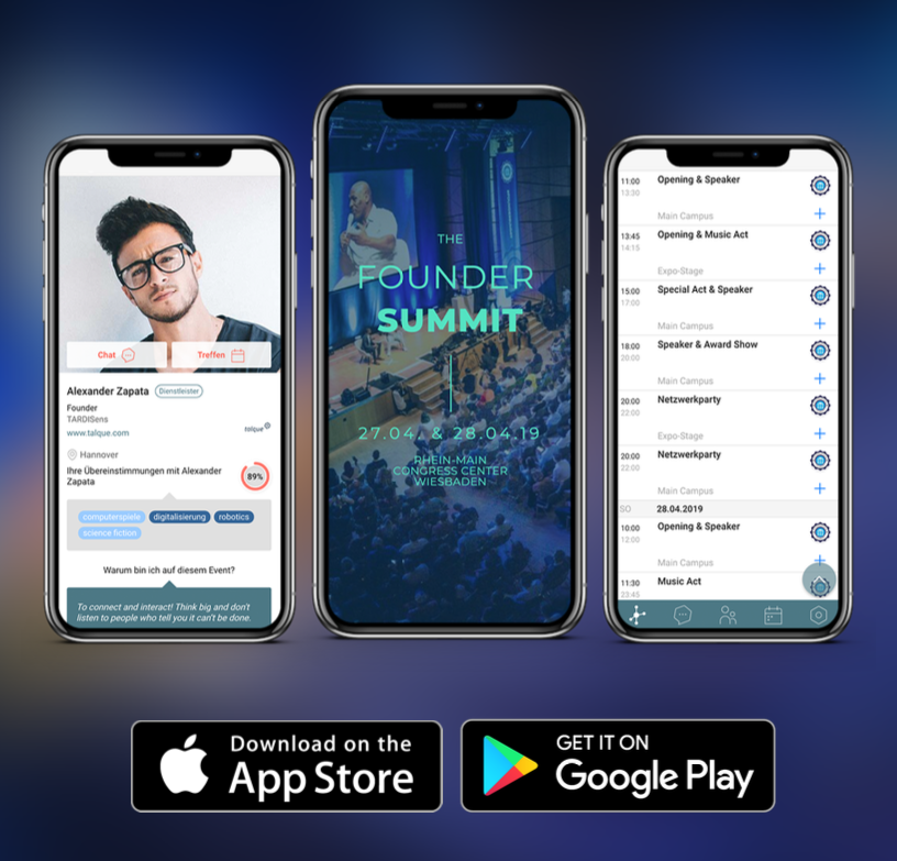 talqueHQ's tweet photo. #nxtlvlnetworking 🚀 at #FounderSummit2019 of @EntrepreneurUn3.
Matchmaking, 1on1Meetings, Instant Messenger, Personal Agenda and more. Connect with startups, investors, executives and other participants. Happy networking on this weekend. 🖖 #talque #businesstinder 😘 https://t.co/V7EyxkWeYX
