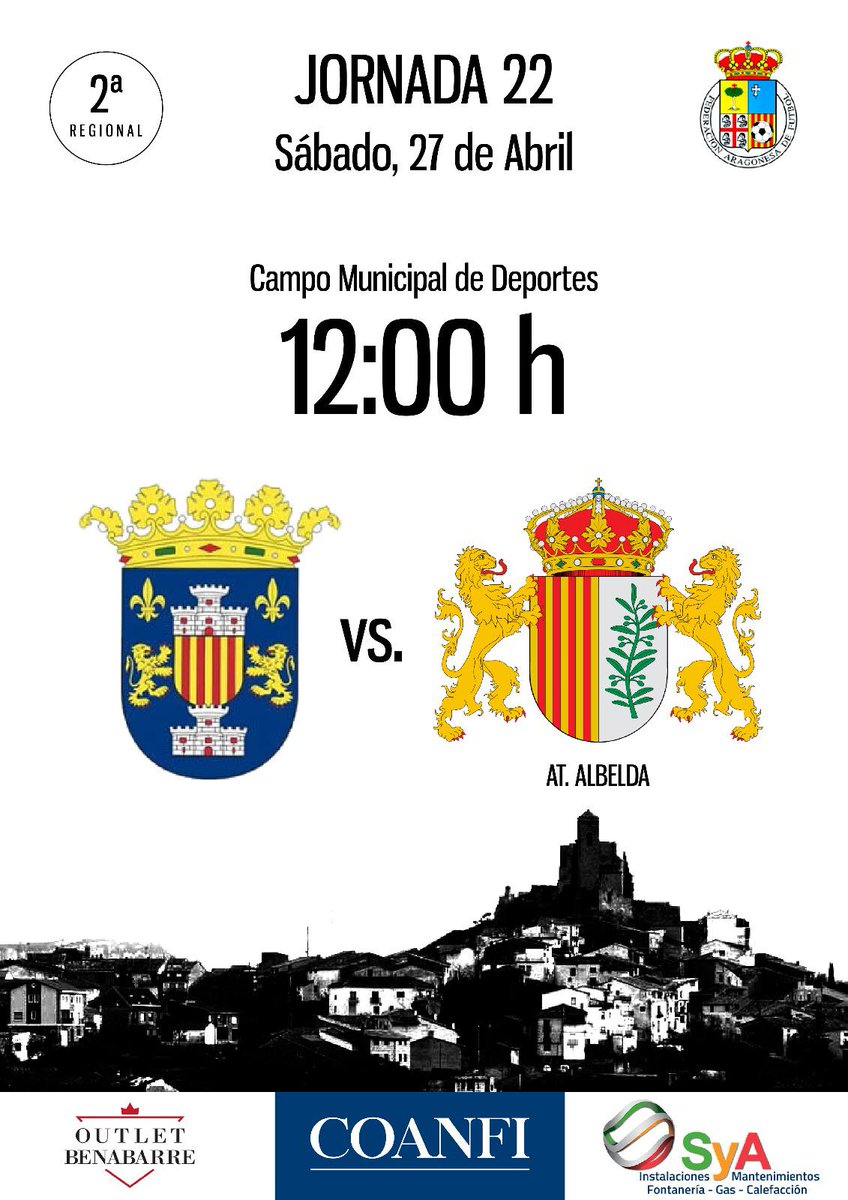 Buenos días #mareaamarilla! Este sábado al mediodía el equipo juega en casa el último partido de la temporada. Así que os esperamos a todos en el Municipal de Deportes! 🔶🔷

⚽️  U. D. Benabarre - At. Albelda
📌 Jornada 22
📆 27/04
⏰ 12:00 horas
📍 Benabarre