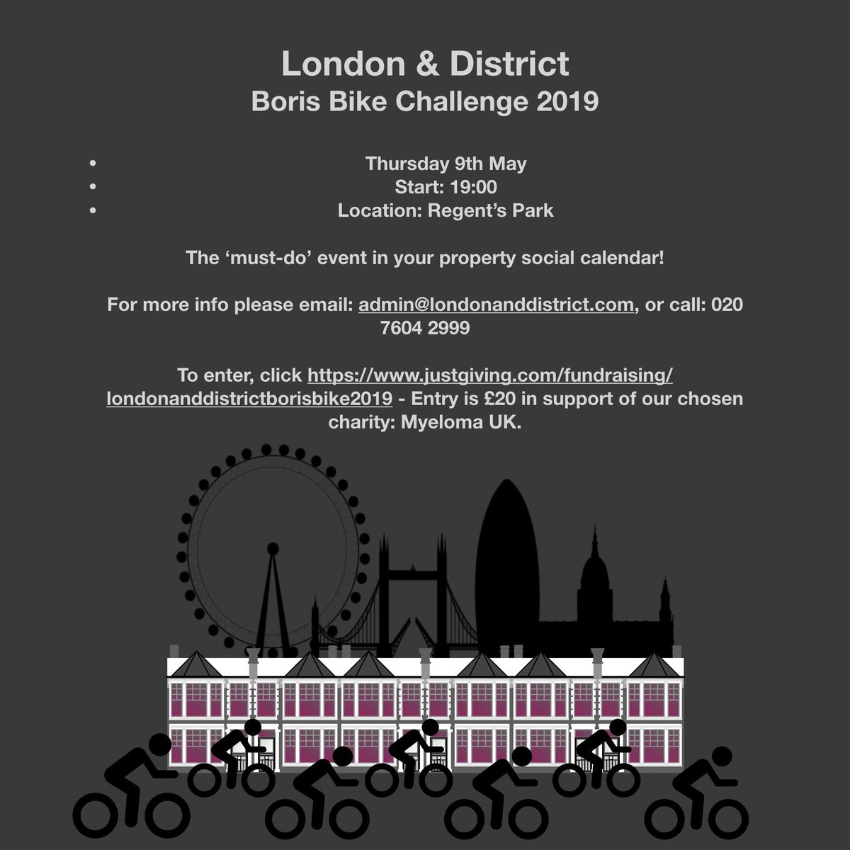 L&amp;D's ANNUAL BORIS BIKE CHALLENGE - 9th of May, contact us for more details. Fun filled evening, starting off with 4 laps around Regents Park, and continuing on to some well deserved beverages and networking with some of the industry's finest. All welcome! #property #BorisBike