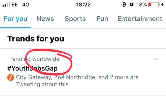 zoenorthridge's tweet image. Very proud to get #YouthJobsGap trending worldwide this week for the 1st time ever @ImpetusPEF - thank you to everyone who tweeted the hashtag to highlight youth unemployment #digitalcomms #socialmedia #socialmediamarketing @NVersavel @lizzie_pring @marianeo77 @SamanthaWindett