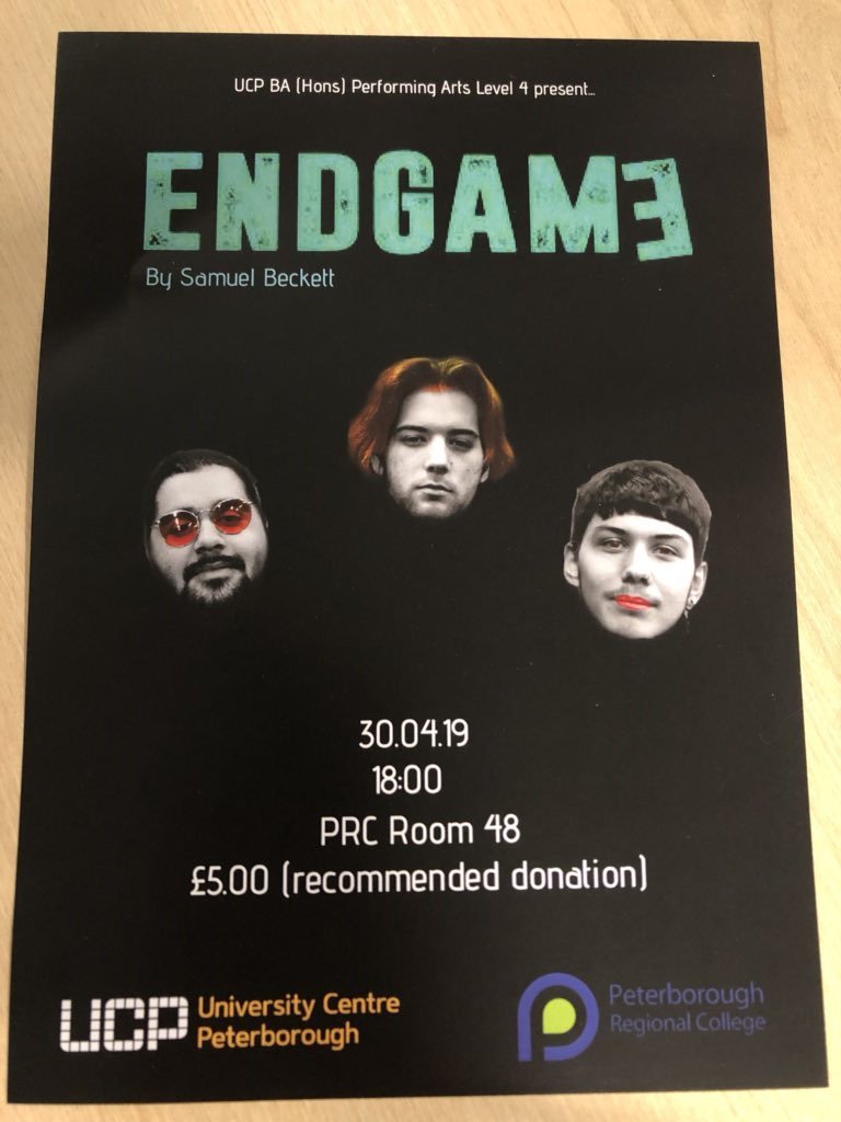 ucp_experience's tweet photo. UCP BA (Hons) Performing Arts Level 4 present Endgame by Samuel Beckett.

Come along on Tuesday 30th April at 18:00 in PRC Room 48.

Admission: £5:00 (recommended donation) https://t.co/l9si6S7cUv