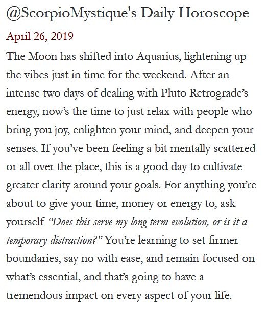 ScorpioMystique's tweet photo. #SMscope 4.26.19 ♏️❤️✨ #Scorpio #Horoscope #Astrology 🦂 #TeamScorpio #ScorpioMystique https://t.co/7aI6uOmjdm