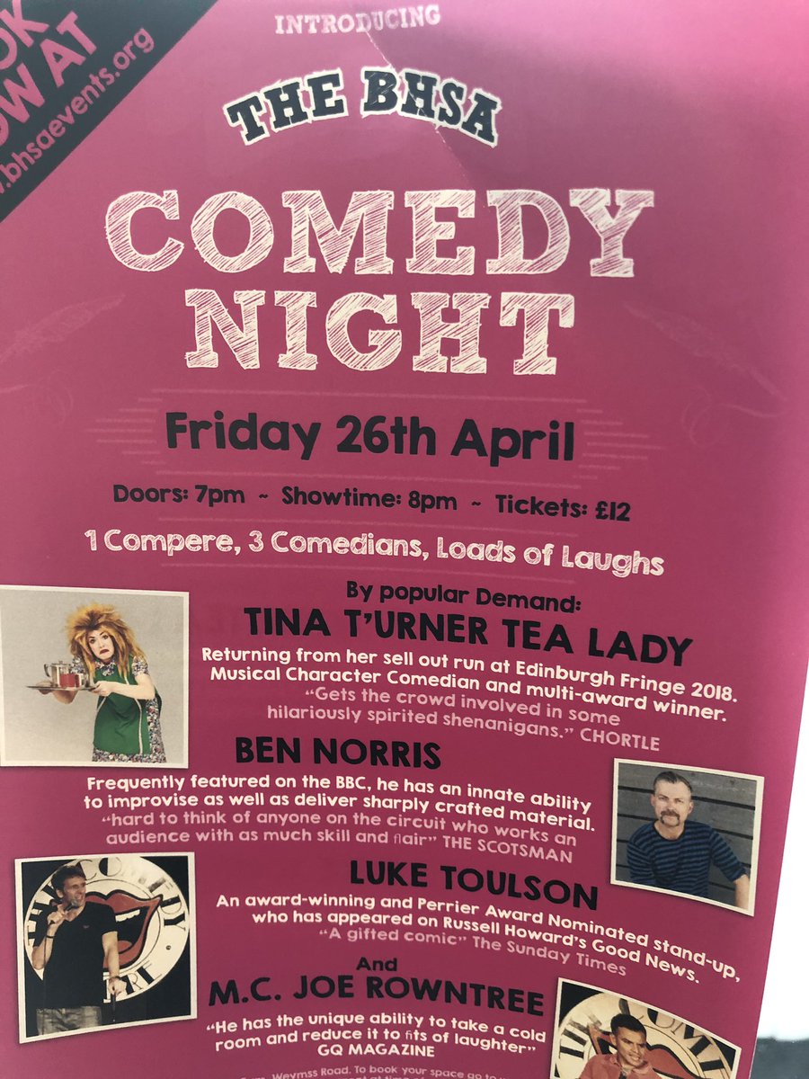 @BlackheathHigh @GDST @BhsaChairs  #comedy night tonight from 7pm, show starts 8pm @TinaTeaLady @Benny_Norris @luketoulson @joerowntree  . Buy drinks at the @BhsaChairs bar, bring your own food - make it sushi at your peril 🤣