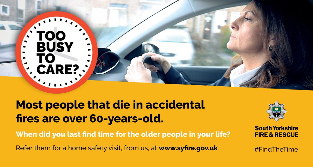 SYFR's tweet photo. Fri-yay! Or is it? 👀

Most of the people that die in accidental fires, across #SouthYorkshire, are over 60-years-old 😔

We're asking that people #FindTheTime to visit their older relatives this weekend and, whilst there, make sure they're OK 👌

https://t.co/DGaY9ZUii0 https://t.co/vJNaka4wIF