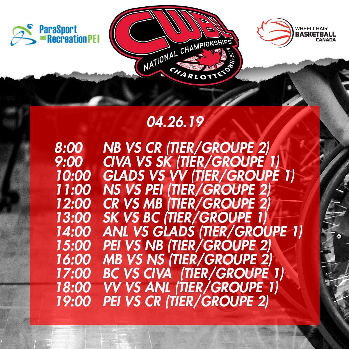 WCBballCanada's tweet photo. It's DAY 1⃣ of the #CWBLOpen National Championship! Here's today's schedule. 🗓
First up: New Brunswick VS Brampton Cruiser Rockets!
🏀 Results | Résultats: https://t.co/JKoEauIXf1 https://t.co/2QyX6jVvqi