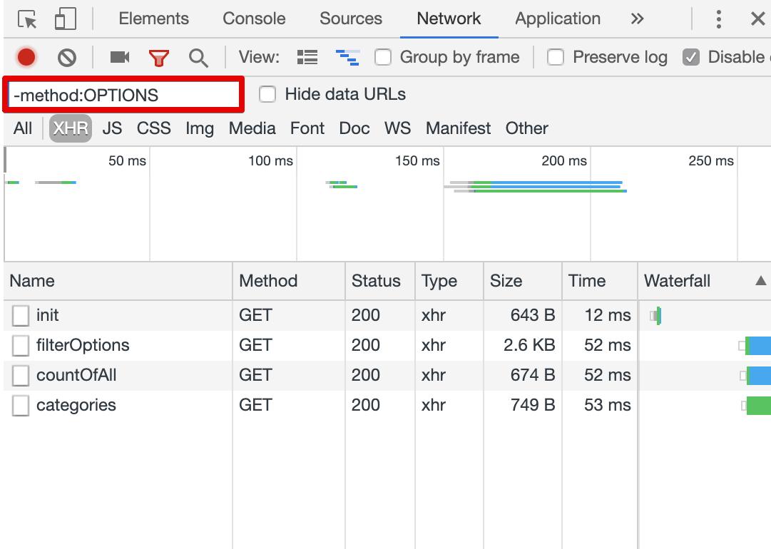 Michael Kühnel (@mkuehnel) on Twitter photo How to exclude requests by method in the Network panel in <a href="/chromedevtools/">Chrome DevTools</a>.
Super useful to hide OPTION requests when working with CORS:
-method:OPTIONS How to exclude requests by method in the Network panel in <a href="/chromedevtools/">Chrome DevTools</a>.
Super useful to hide OPTION requests when working with CORS:
-method:OPTIONS