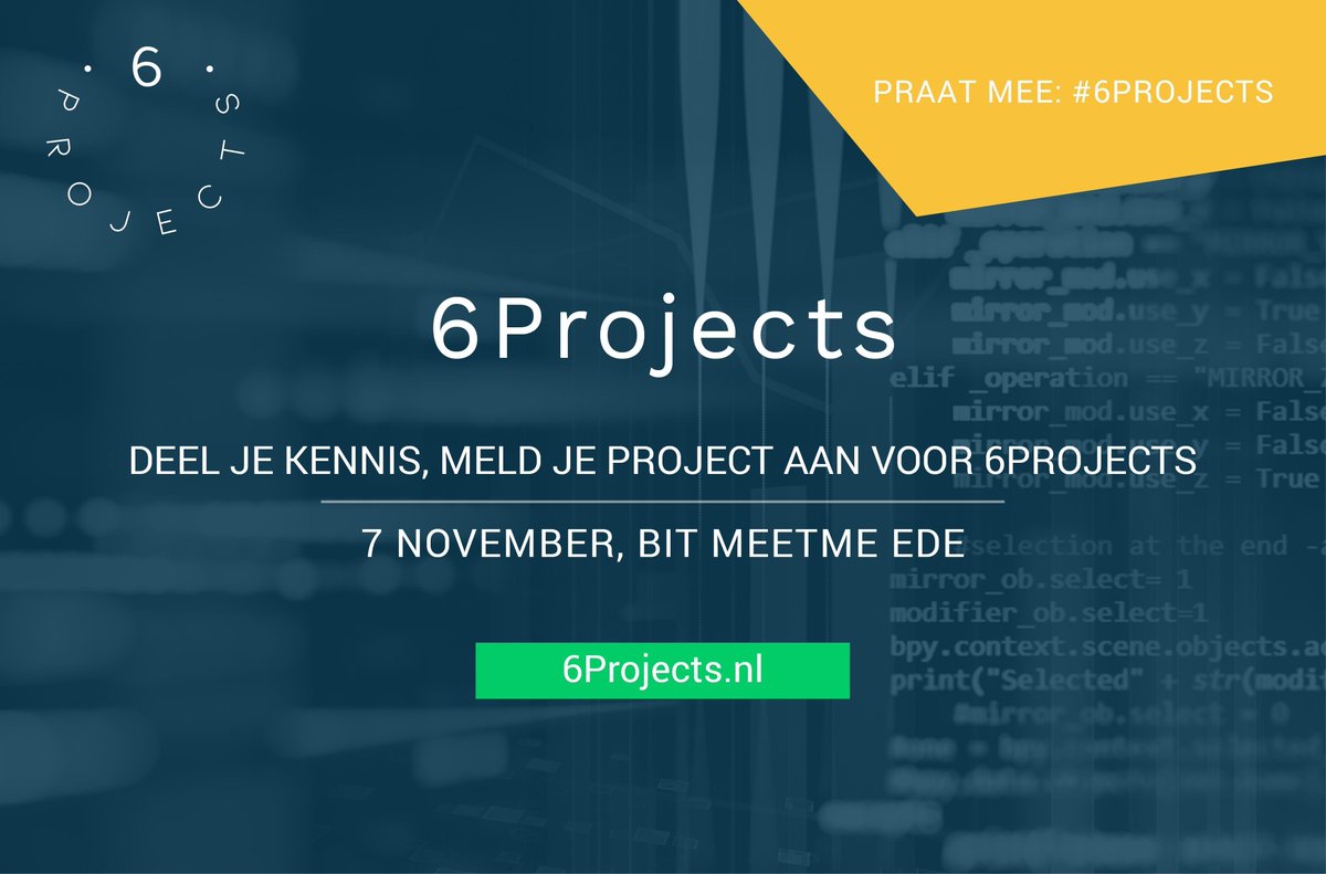 6projects_nl's tweet photo. Op 7 november vindt de tweede editie van #6Projects plaats! Wij roepen alle Nederlandse internetbedrijven op om een innovatief project in te sturen. De beste 6 verdienen een plekje op het podium. Meld nu je project aan: https://t.co/ce3xuAs13X https://t.co/gVOkZMqOMt