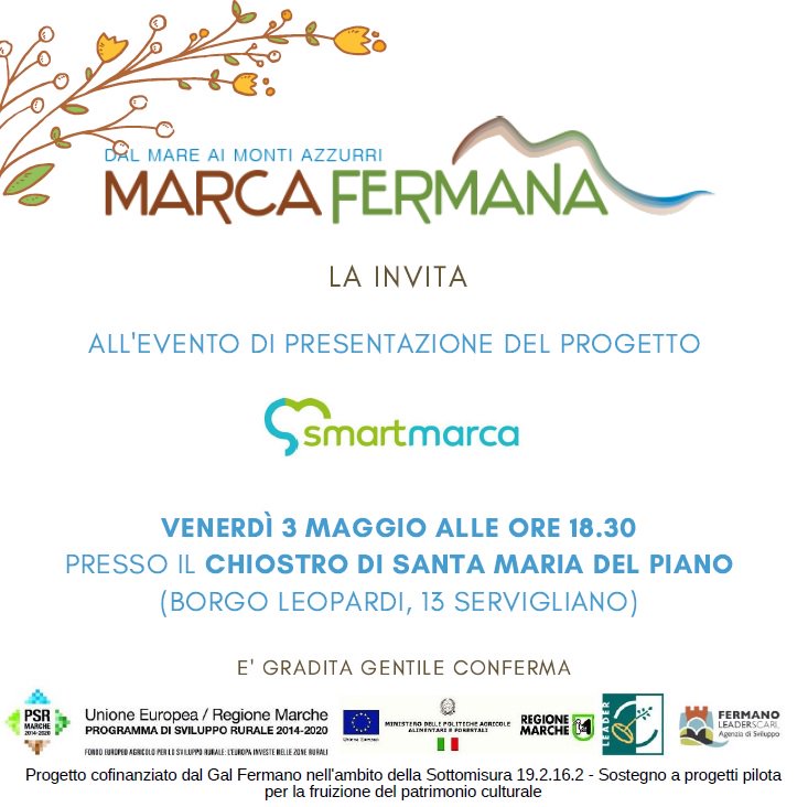 Save the date ➡️ il 3 maggio presenteremo l'App SmartMarca! Appuntamento alle 18:30 al Chiostro Santa Maria del Piano (Borgo Leopardi, 13) di Servigliano. Non mancate! Vieni a scoprire il Fermano a portata di click! <a href="/StefanoPompozzi/">StePompozzi</a> <a href="/RegioneMarcheIT/">Regione Marche</a> <a href="/UnivPoliMarche/">UnivPM</a> @sushiadv