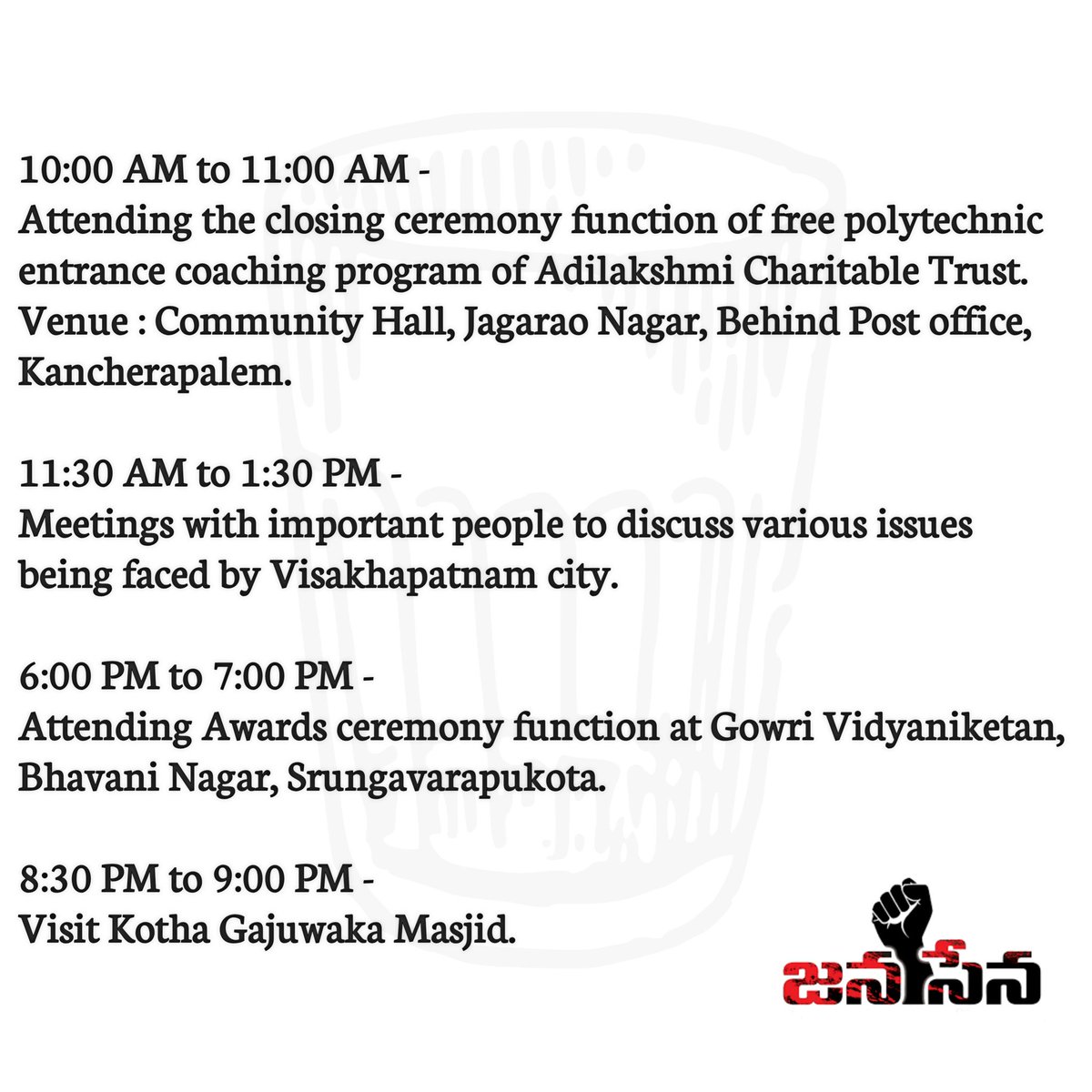 VVL_Official's tweet image. Schedule (Saturday, 27-04-2019) of Sri V. V. Lakshmi Narayana (JD) garu.
@janasenaparty
#JDForVizag
#TeamJD
