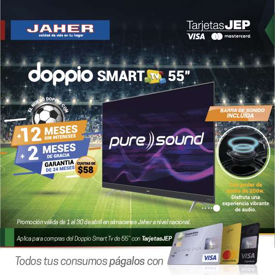 CooperativaJEP's tweet photo. En #JAHER con #TarjetasCréditoJEP llévate un #Doppio SMART TV de 55” con barra de sonido incluido y poder de audio de 200w en 12 cuotas de $58 más 2 meses de gracia. Vigencia del 1 al 30 de abril a nivel nacional. https://t.co/7ruZJg70II