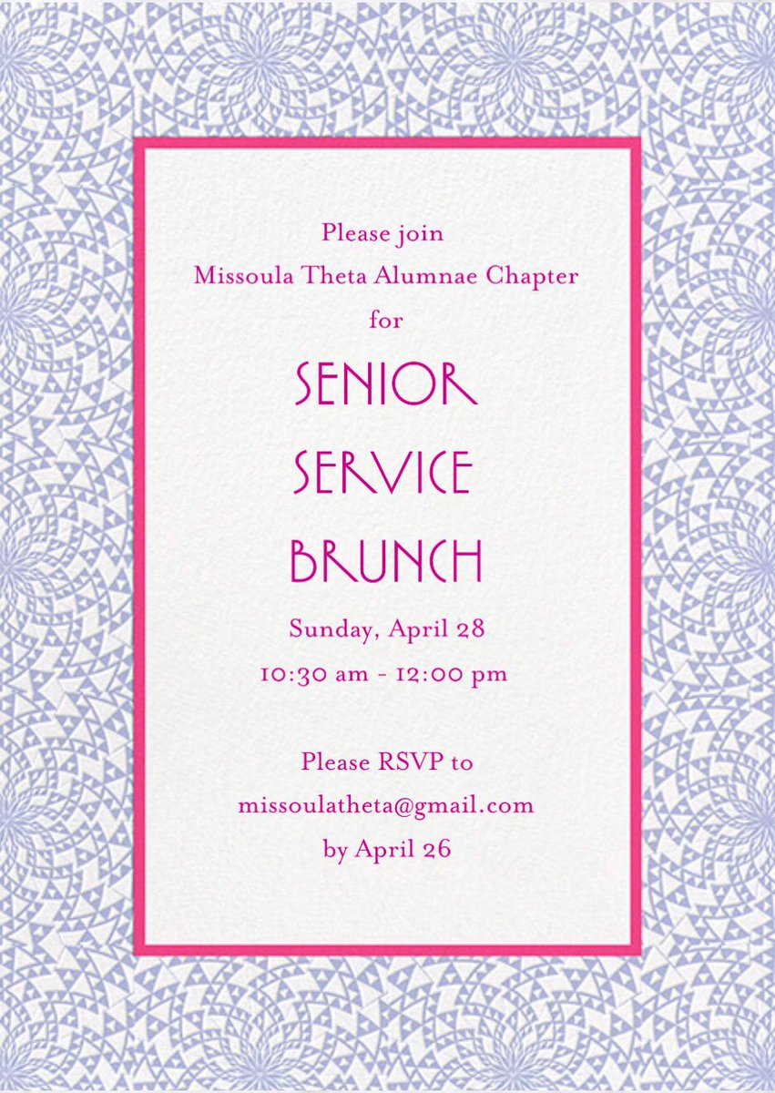 MissoulaTheta's tweet image. Don’t forget! Today is the last day to RSVP for our Senior Service Brunch this Sunday! Join us to celebrate Alpha Nu’s seniors at our annual brunch. Send us an email at missoulatheta@gmail.com to RSVP. #ThetaForALifetime ✨
