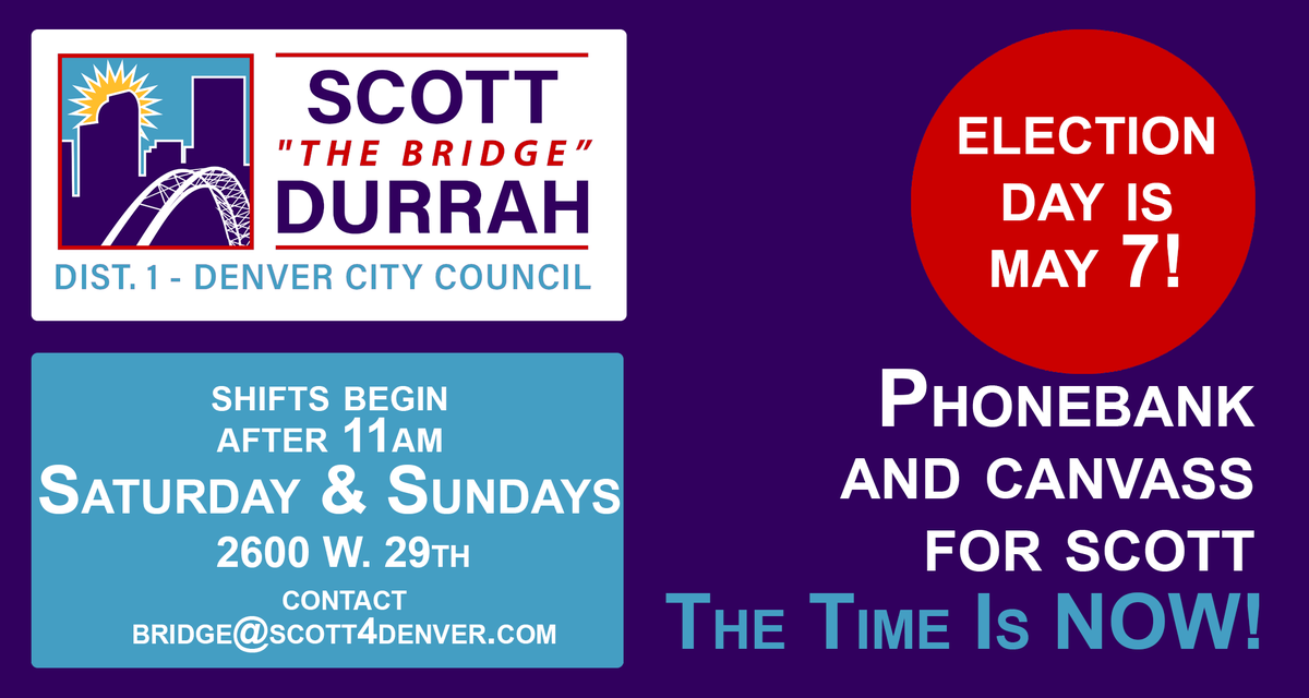 Scott4Denver's tweet photo. Join us this Saturday or Sunday &amp; help Get Out The Vote for Scott! Enjoy the beautiful Denver weather for a cause and have some food and camaraderie with the campaign. If you'd rather make calls, hang out with us in the office and we'll be phone banking.

https://t.co/FYYusj9QfM https://t.co/LgSH3bzzGJ