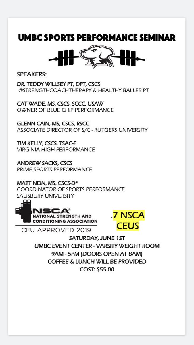UMBC Sports Performance Seminar! Reserve your seat today to learn from some of the best in the industry. Link to register below <a href="/GCainStrength/">Glenn Cain</a> <a href="/CoachNein/">Matt Nein</a> <a href="/BlueCh1pPerform/">Cat Wade (she/her)</a> <a href="/Andrew_Sacks/">Andrew Sacks</a> <a href="/TK_757/">Tim Bombadil</a> <a href="/TeddyWillsey/">StrengthCoachTherapy</a>