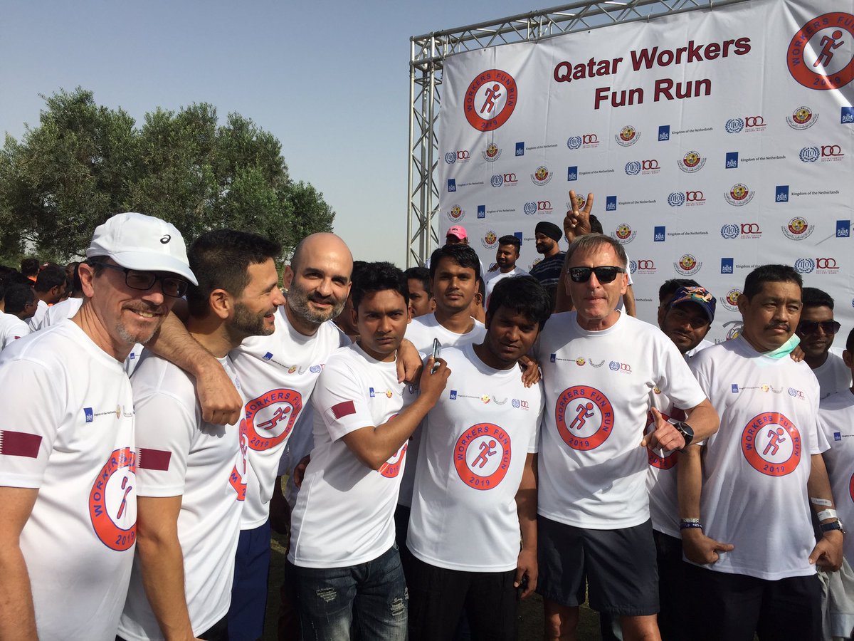 GermanyinQatar's tweet photo. Amb. Hans: #ILO100 actively celebrated today in #Qatar with the 1st #WorkersFunRun 🏃‍♂️ Congrats to the winners &amp; all participants, especially from the workers communities, special thanks to organisers @ILOQatar @ADLSAQa @NLinQatar @BTahzibLie @Houtan_ILO /@MofaQatar_EN https://t.co/rMqmXmUaDp