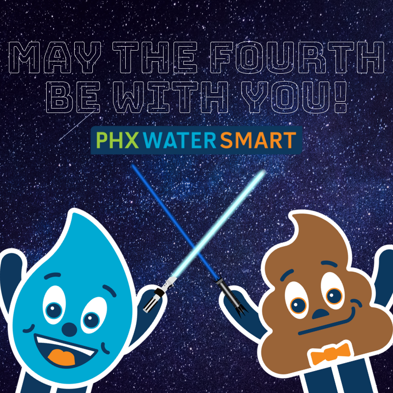 PHXWater's tweet photo. #MaytheFourthBeWithYou! 💫🚀✨ Use the force and #conserve water, #PHX! 💧
#PHXWaterSmart #WayneDrop #LooPoo #PHXWater #UsetheForce #MayThe4thBeWithYou https://t.co/HifNkJCnrP