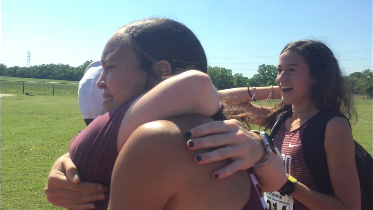 Michelle’s Region 3 championship jump is TX6A #2 as of the current Milesplit database. Definitely one to watch for a State! Photo of the immediate post jump coach hugs and celebration.   <a href="/KatyISDAthletic/">Katy ISD Athletics</a> @CougarnationJ <a href="/dlmathis13/">Dana Mathis</a> <a href="/KatyTimesSports/">Katy Times Sports</a>